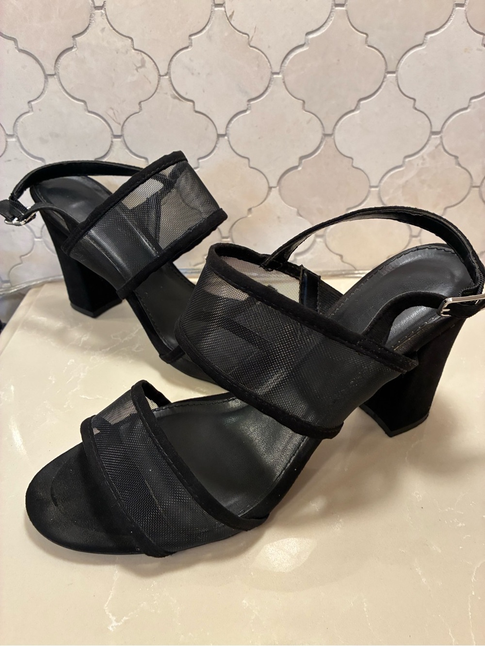 Bar III Women's Black Mesh Block Heel Sandals